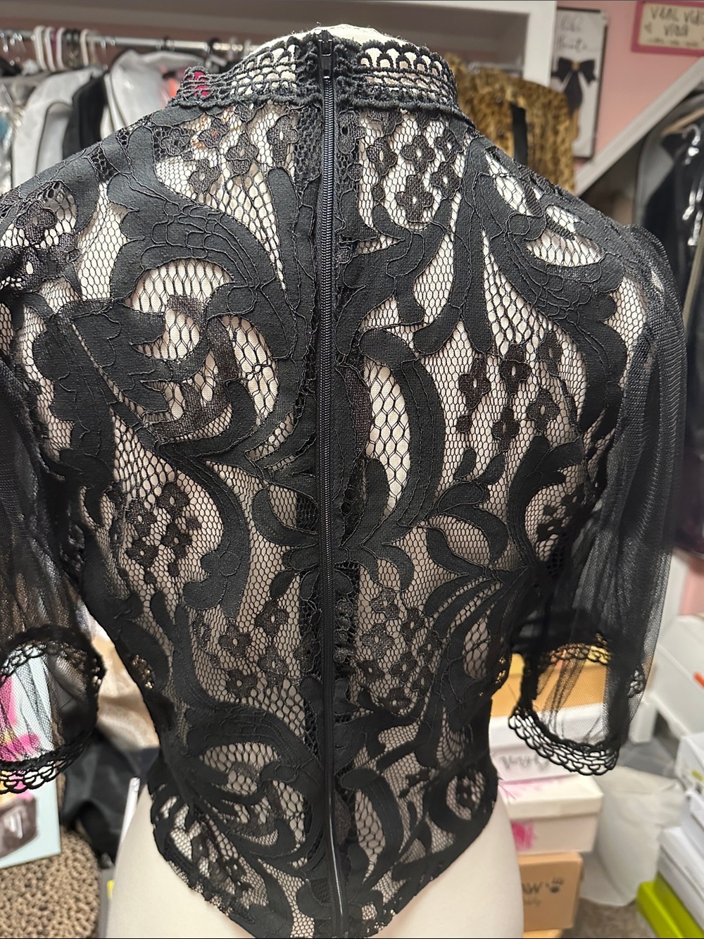 Sheer Black Lace Puff Sleeve Blouse with High Neck - Picture 2 of 2